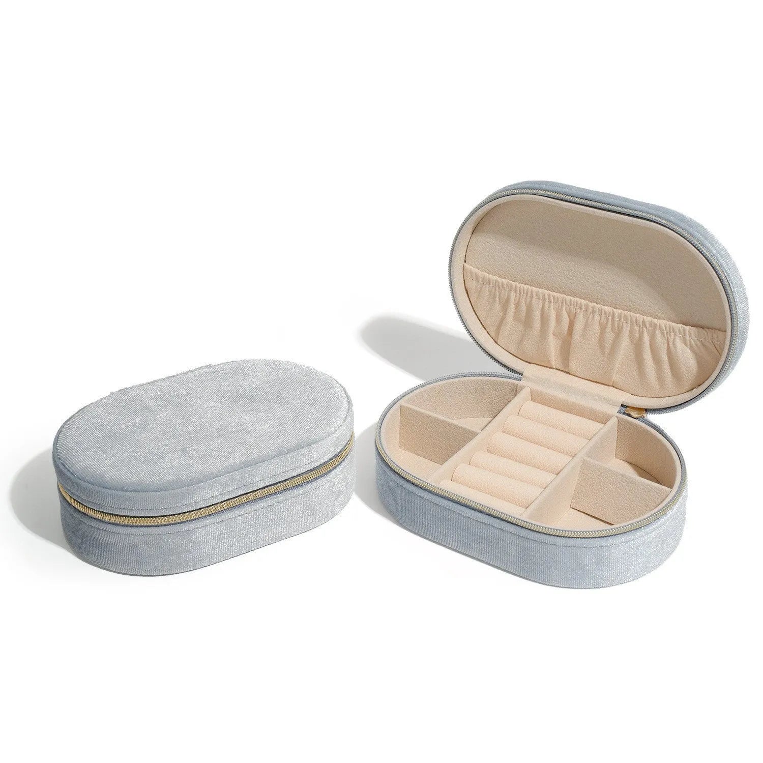 Oval velvet jewellery storage box in Korean style with flannel interior, showing colour options including lake blue, pink, and beige