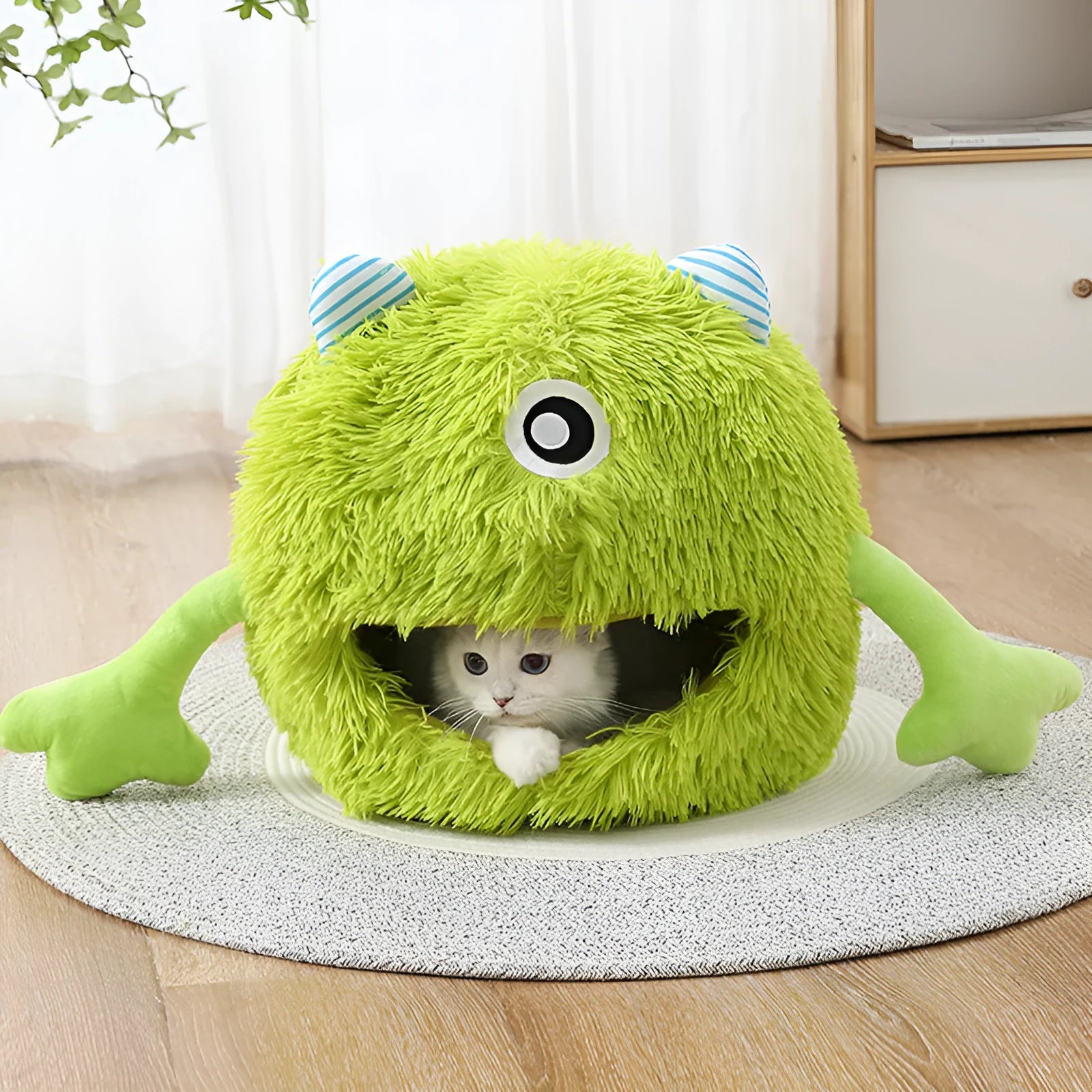 Round fluffy cat bed with non-slip base in three size options