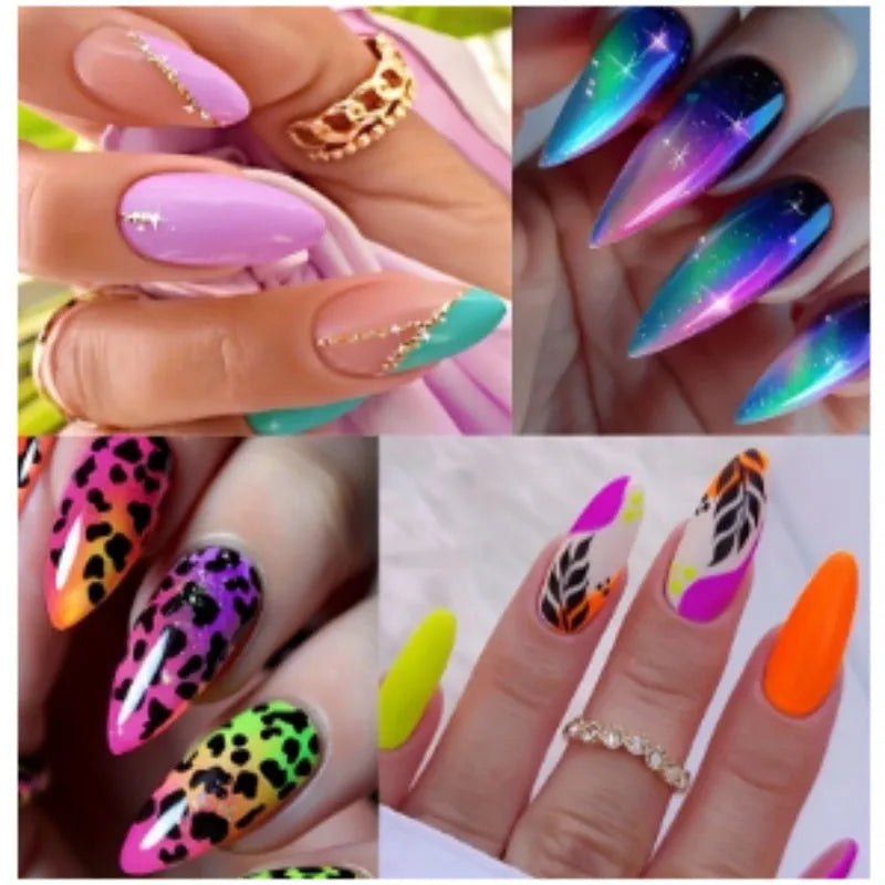 Four boxes of almond shaped nail stickers showing French colourful leaves, colourful plating, star flash macarons, and gradient leopard print designs