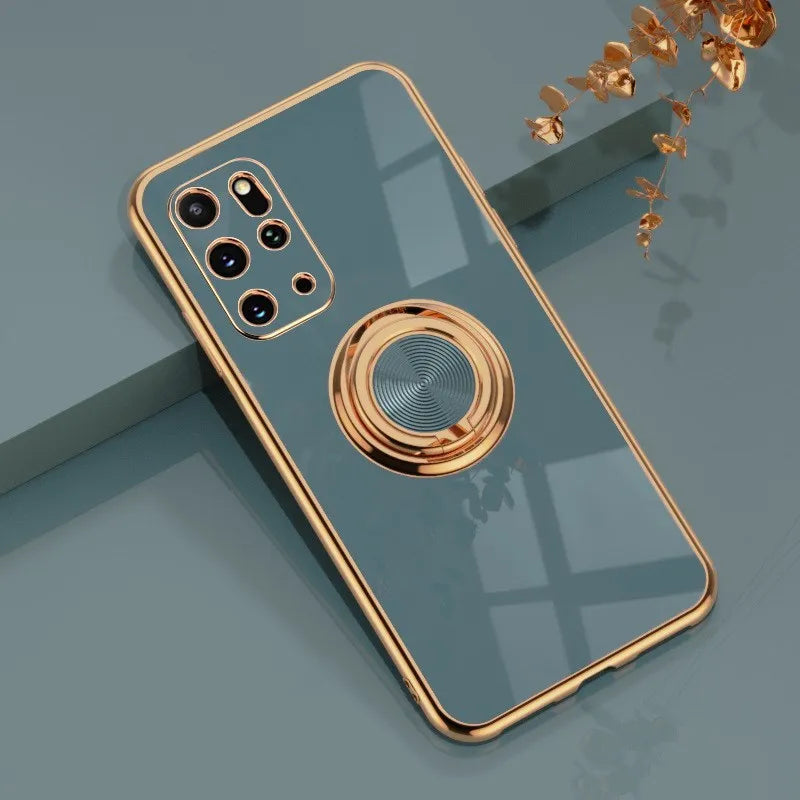 Ring buckle magnetic car 6D plating fine hole protective cover for Samsung phones in black TPU and metal