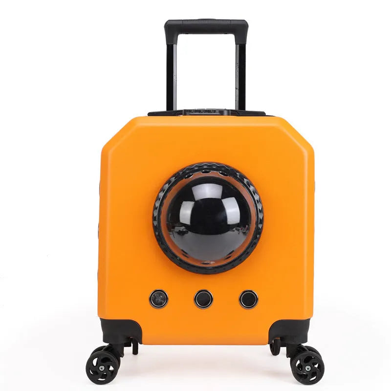Hard PVC pet flight case on wheels in orange colour with removable luggage compartment.
