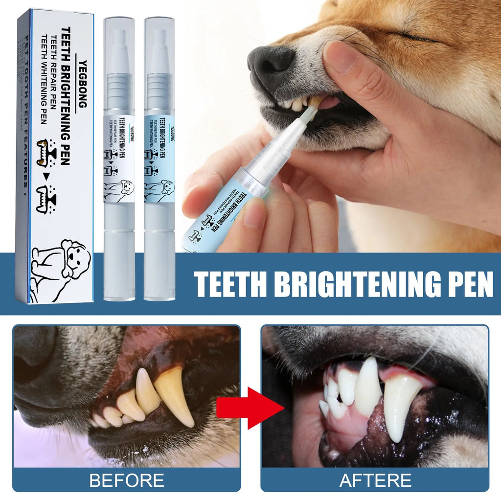 White pet teeth whitening pen applicator with two dental brushes for dog and cat oral care