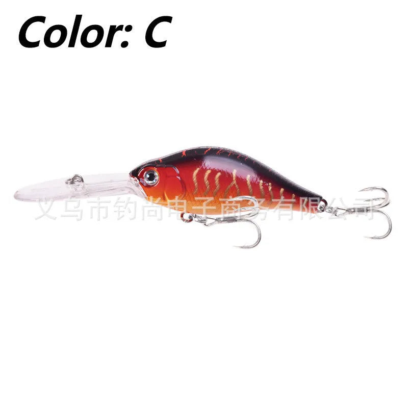 Mino fishing lure with deep diving long tongue board, 10.5cm length, 15g weight, five colour options