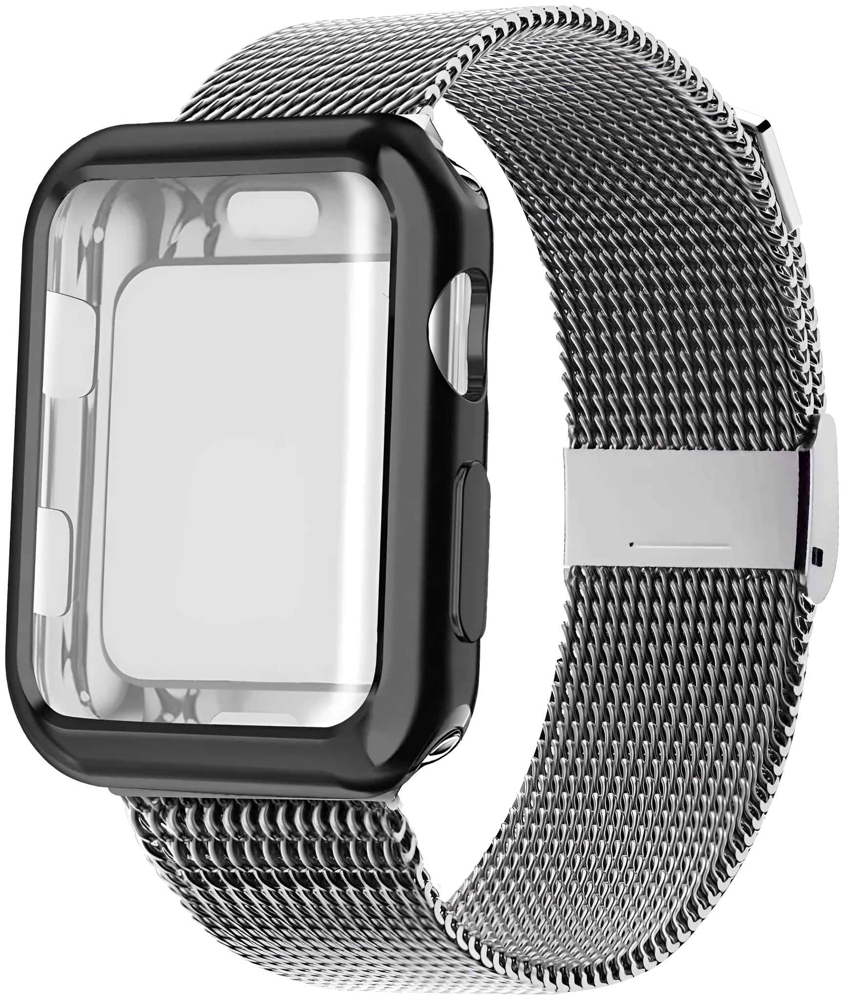 Magnetic metal Milanese loop band for Apple Watch with protective case, shown in silver colour.