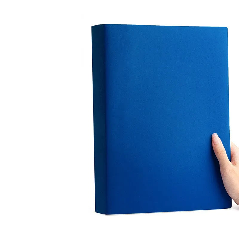 Thickened A4 soft leather notebook with imitation leather cover open to lined pages, showing ivory white paper and choice of multiple colours
