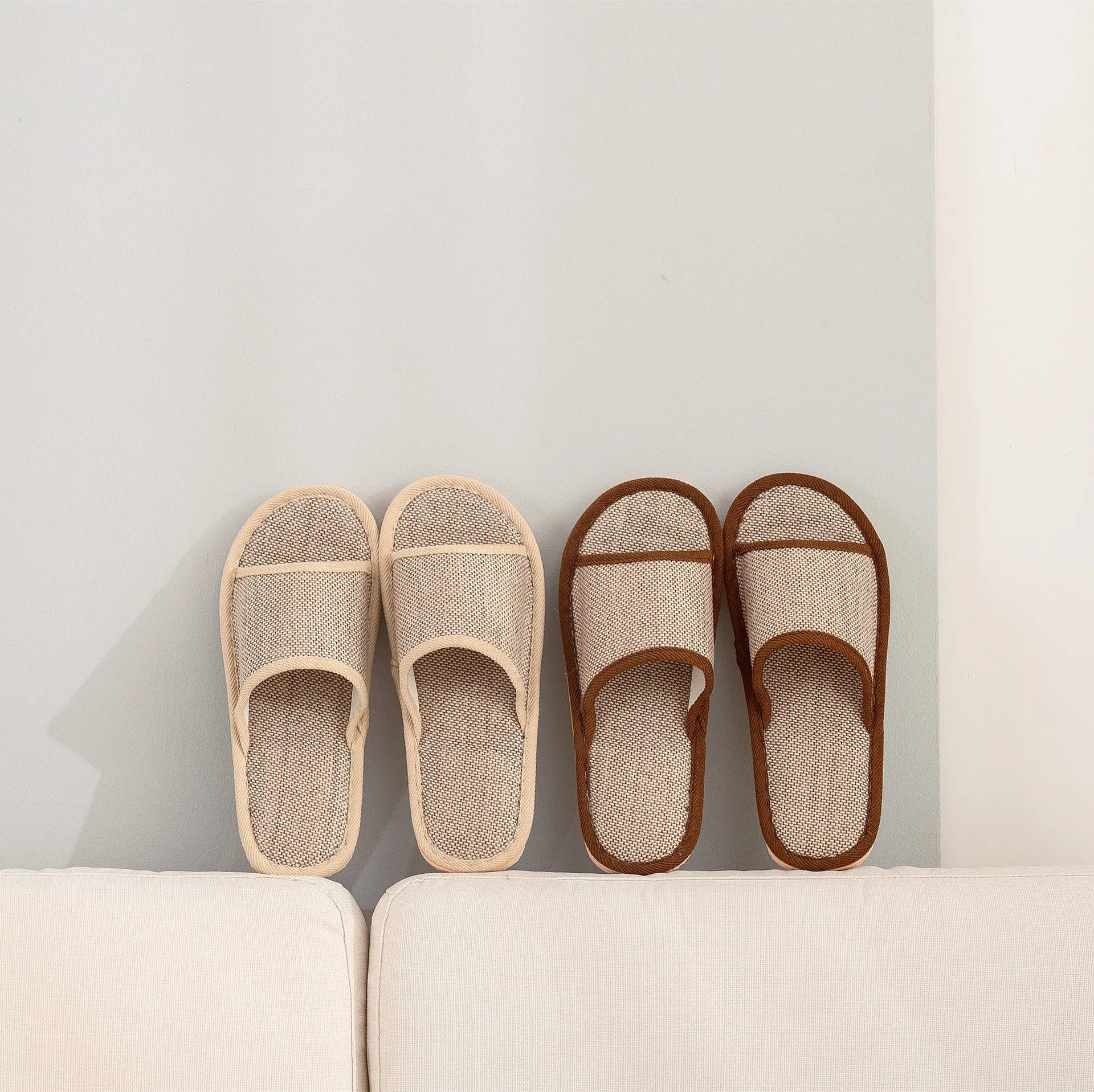 Women's open-toe linen slippers in various colours with thickening sole