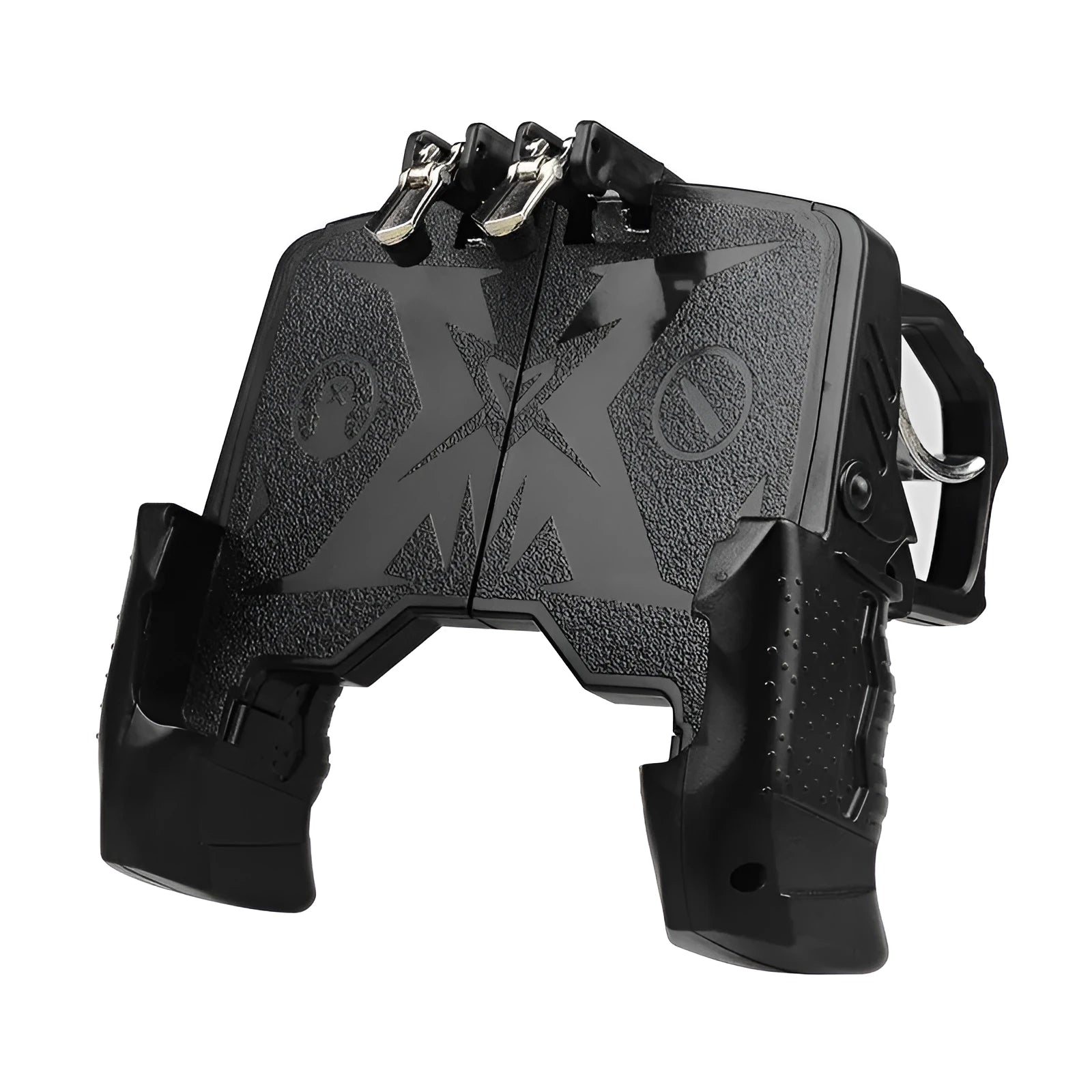 Black mobile phone game controller with dual analogue sticks and trigger buttons for plug-in gaming control