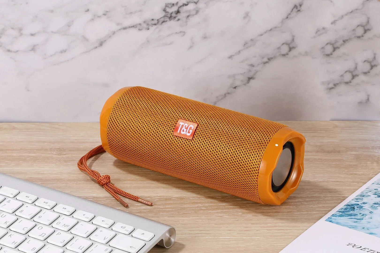 Portable fabric Bluetooth speaker with card holder in multiple colour options showing dimensions 182 x 73.5 x 69.2 mm