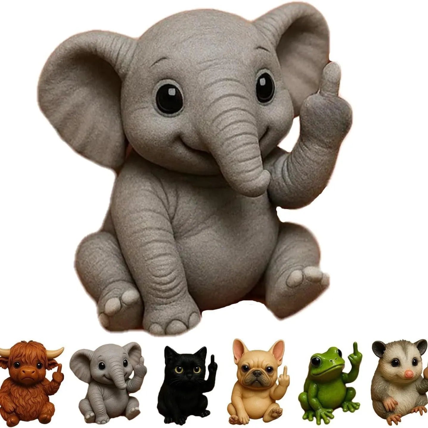 Mini resin animal doll in vertical middle finger pose - available in seven animal designs including cat, dog, elephant, frog, highland cattle, mouse, and turtle