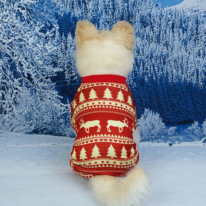 Polyester dog Christmas clothes in red green with Santa Claus and tree designs
