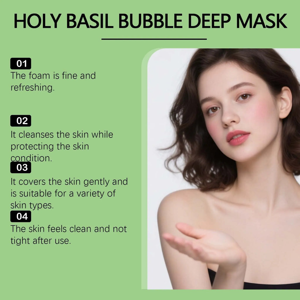 Holy Basil Bubble Deep Mask tube and product foam on hand