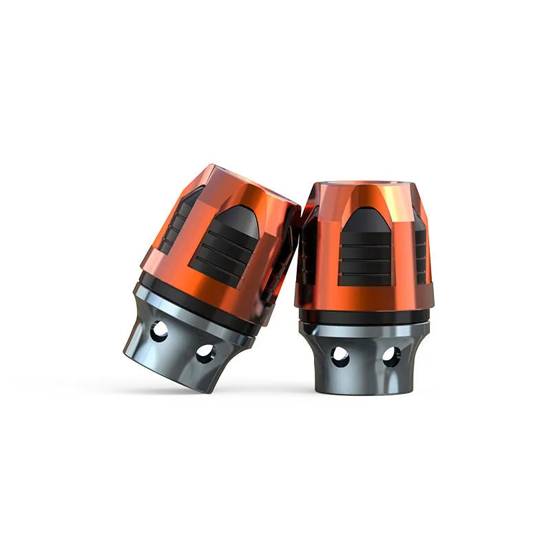 A pair of aluminium alloy fork cups for motorcycle or electric car front axle, shown in an anodised colour.