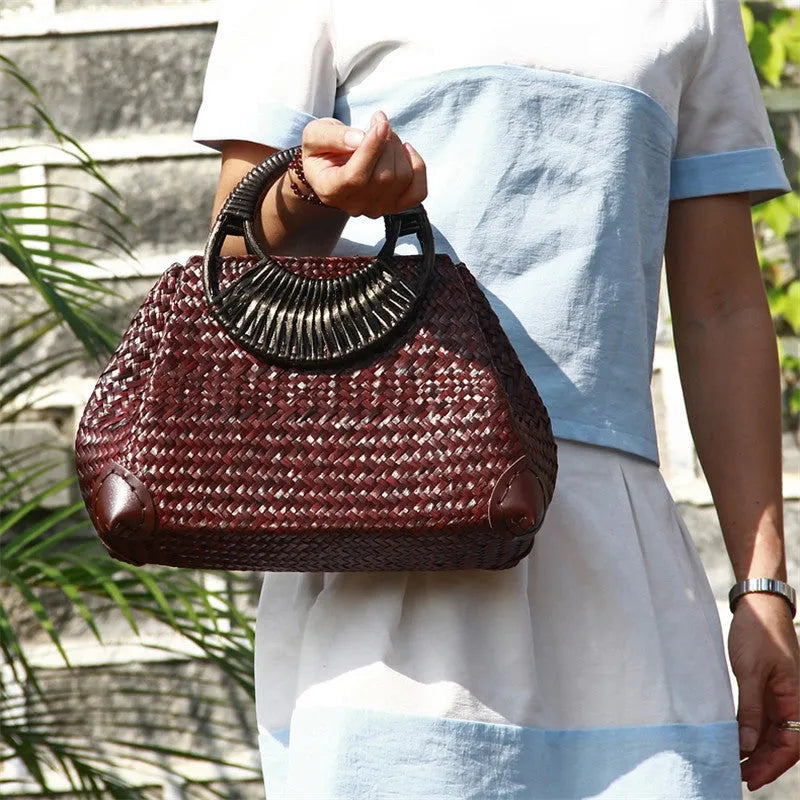 Handwoven rattan straw bag with wooden handle and cotton lining, 32 cm, in khaki colour
