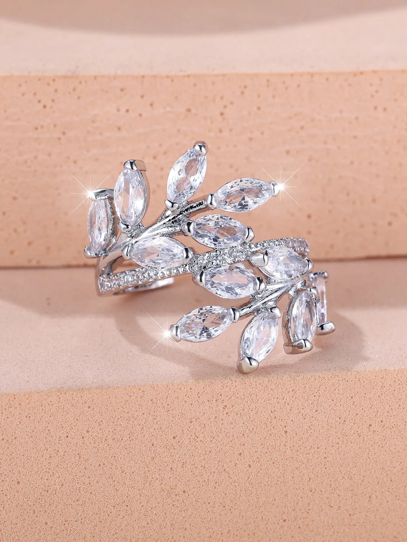 Adjustable copper leaf ring with zircon finishes in multiple colour options