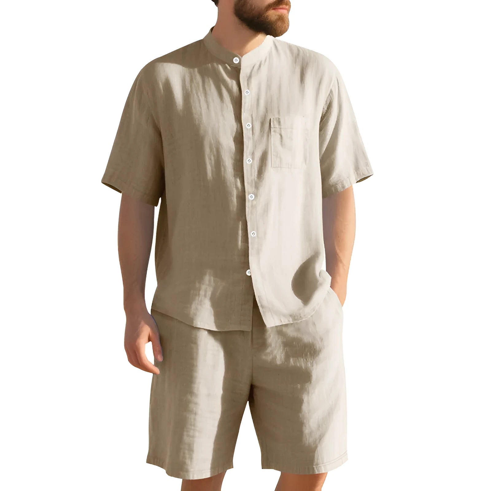 Men's light blue linen blend summer suit with henry collar, short sleeves, and matching shorts
