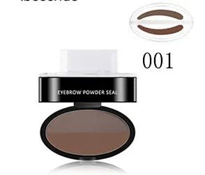 Eyebrow powder stamp with dual powders and reusable stencils in dark brown and light brown shades.