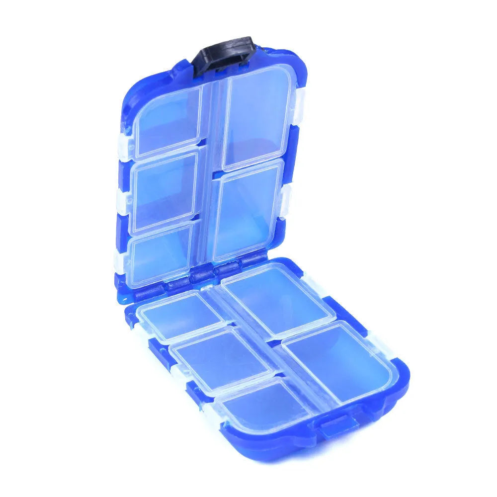 Fishing tackle storage box with 10 compartments in black, green, or blue colour options