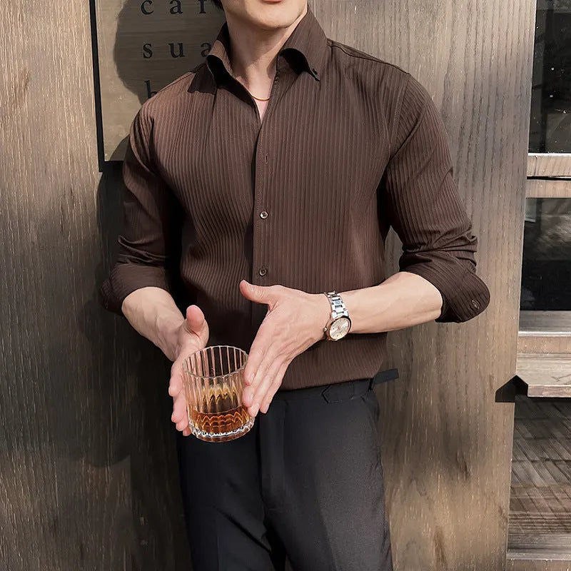 Man wearing a striped V-neck long sleeve casual shirt in a choice of colours.