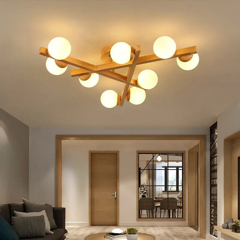 Wooden style three-head ceiling light with Nordic modern design and neutral lighting