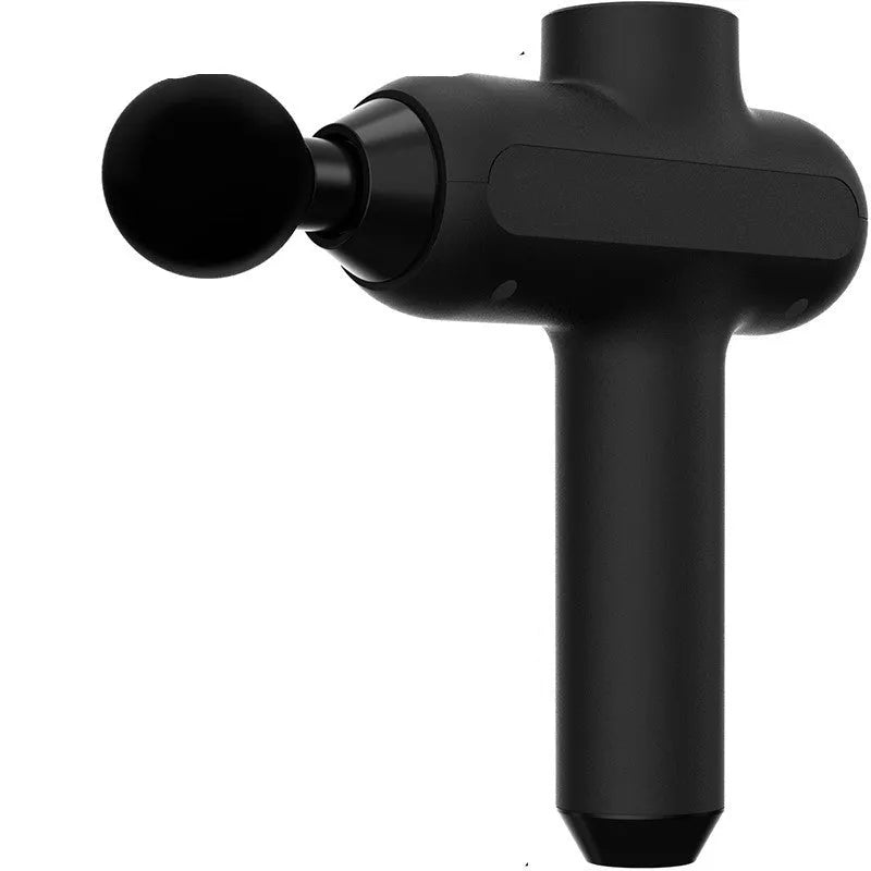Portable muscle massager with six different massage heads on black background
