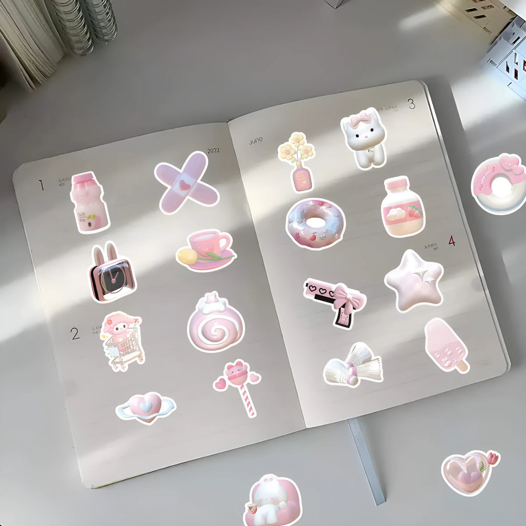 63-piece decorative sticker set with realistic 3D pink girl heart designs in two distinct patterns