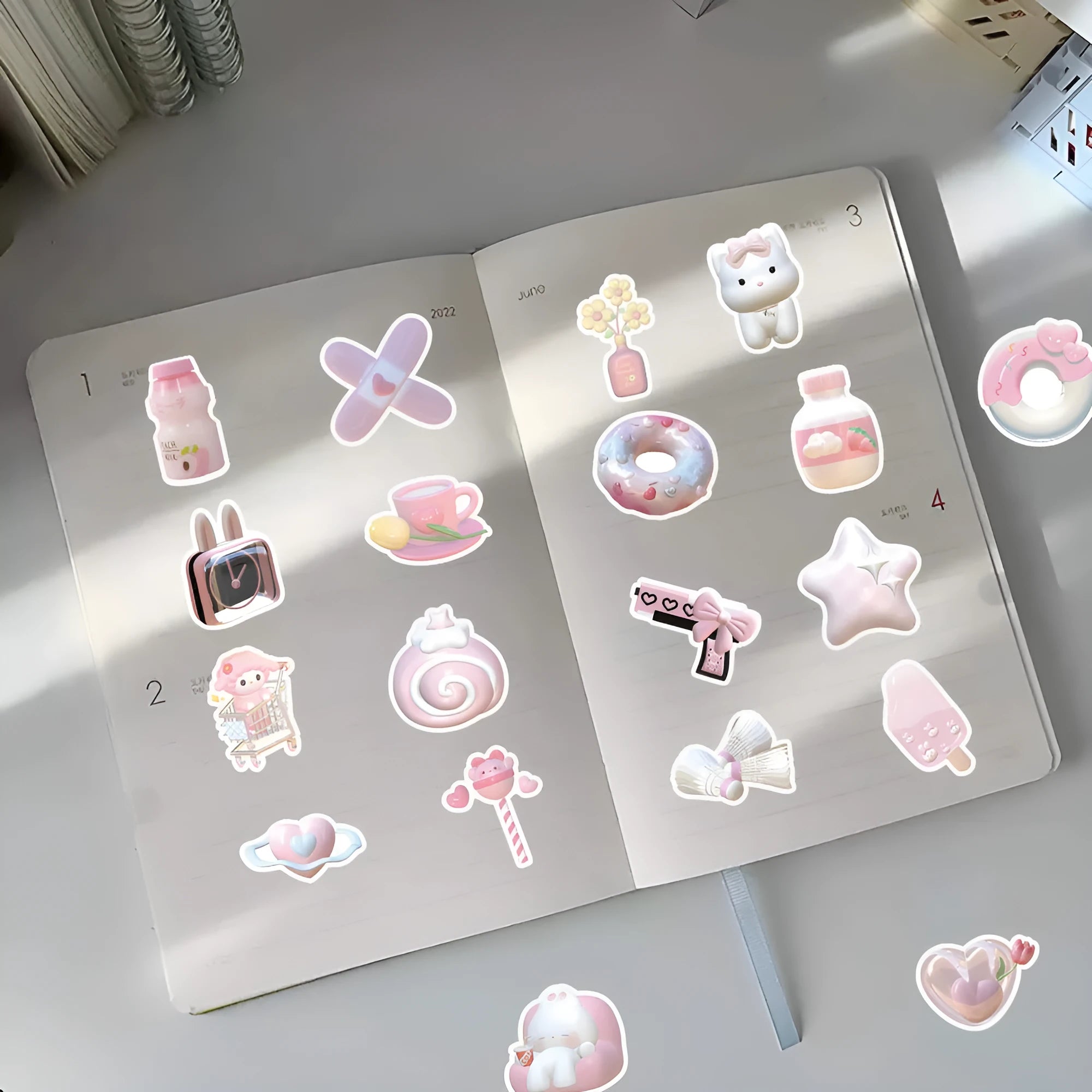 63-piece decorative sticker set with realistic 3D pink girl heart designs in two distinct patterns