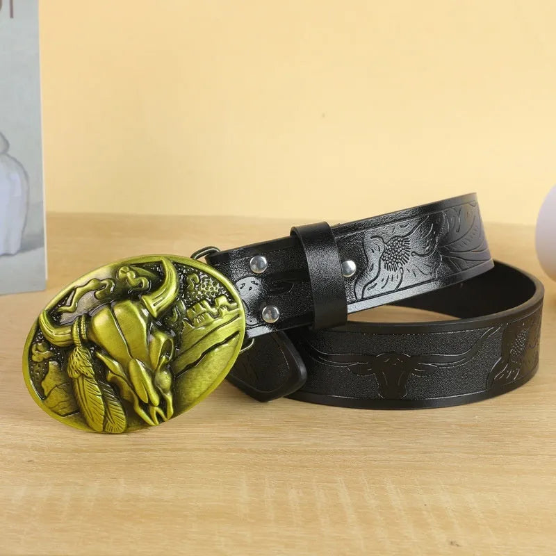 Men's black imitation leather belt with a detailed silver alloy cow head buckle and pin buckle fastening.