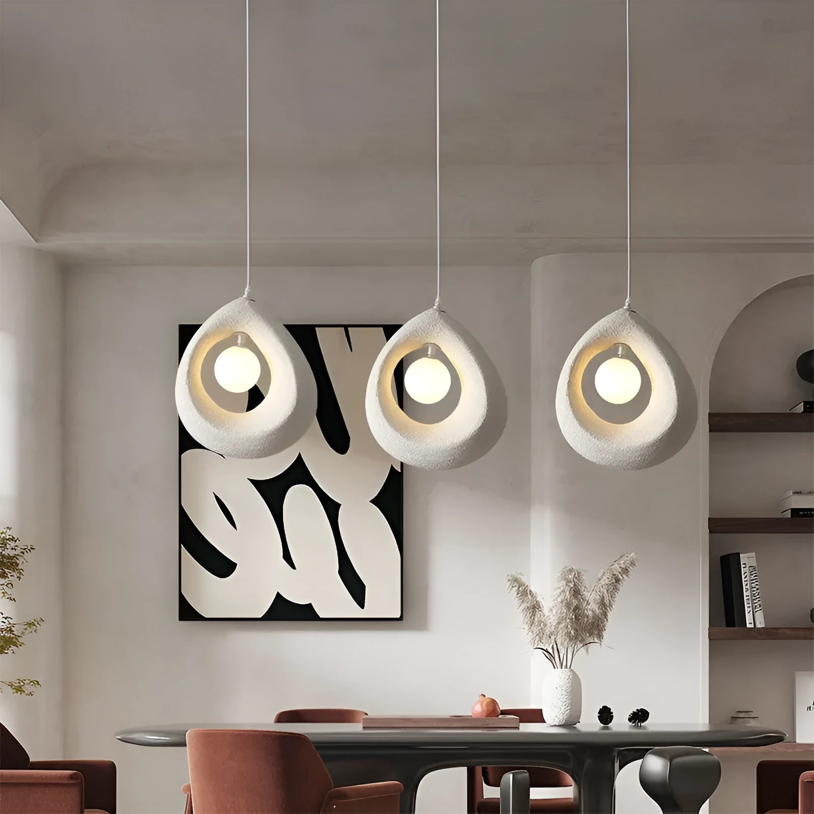 Retro restaurant bar chandelier with milky white 32x35cm lampshade hanging from ceiling