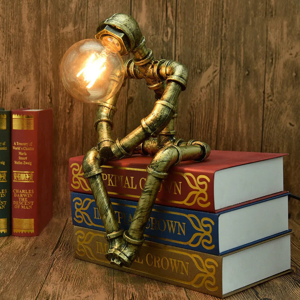 Robot Table Lamp vintage industrial desk light with iron pipe design green bronze finish