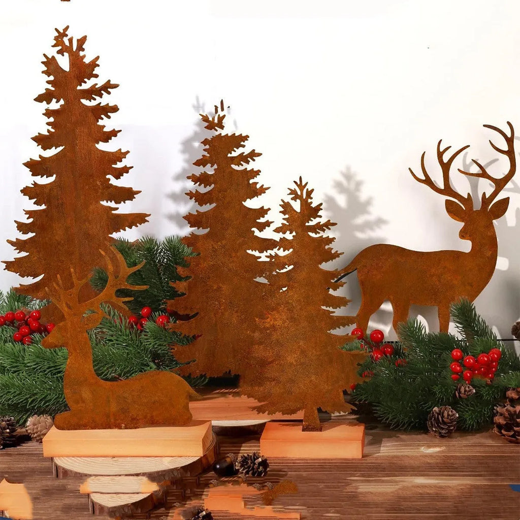 Set of three rusty metal Christmas tree ornaments with elk designs on a rustic background.