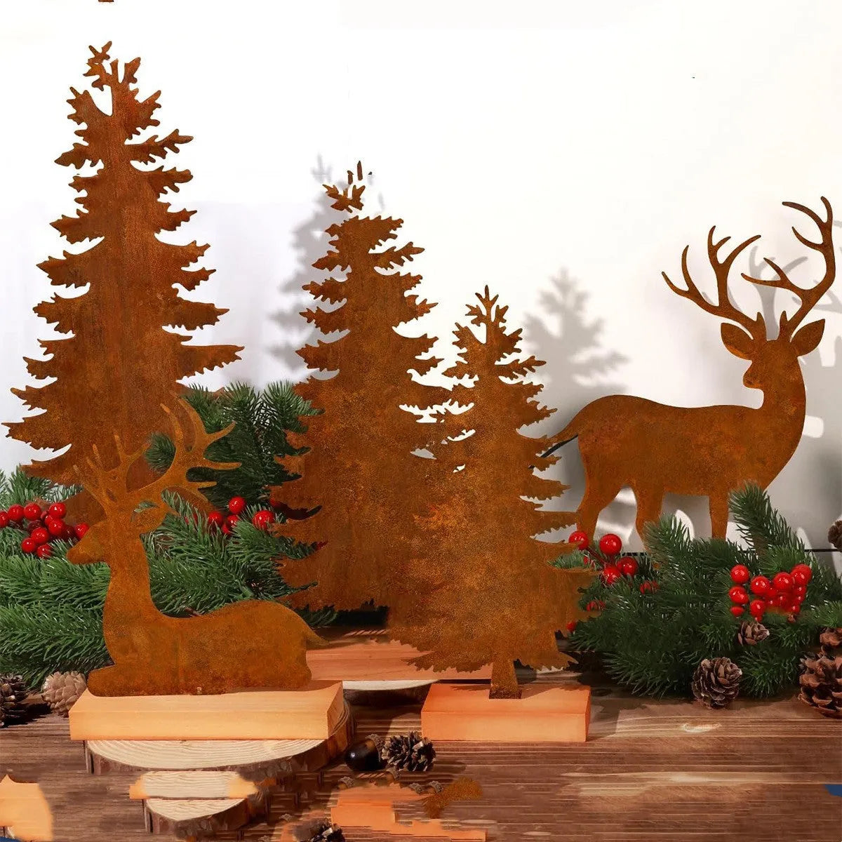 Set of three rusty metal Christmas tree ornaments with elk designs on a rustic background.