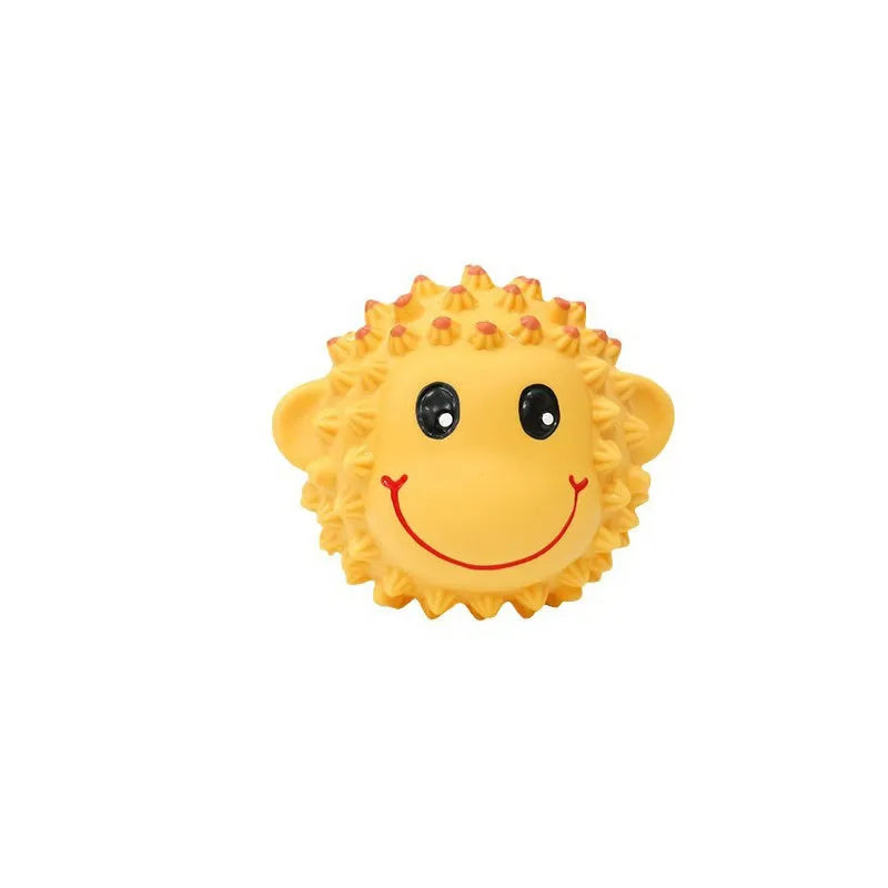 Orange and yellow latex squeaky dog toys with spiky surfaces shaped as lamb and monkey animals