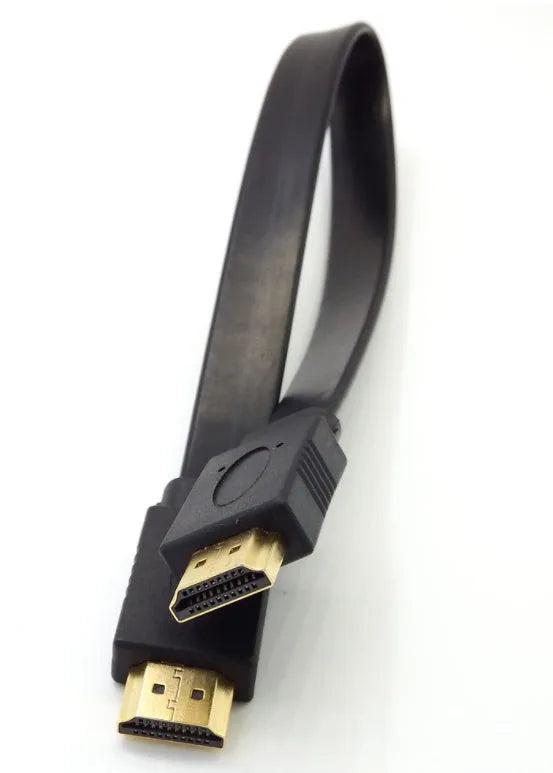 Flat high-speed HDMI cable with standard connectors on a white background.