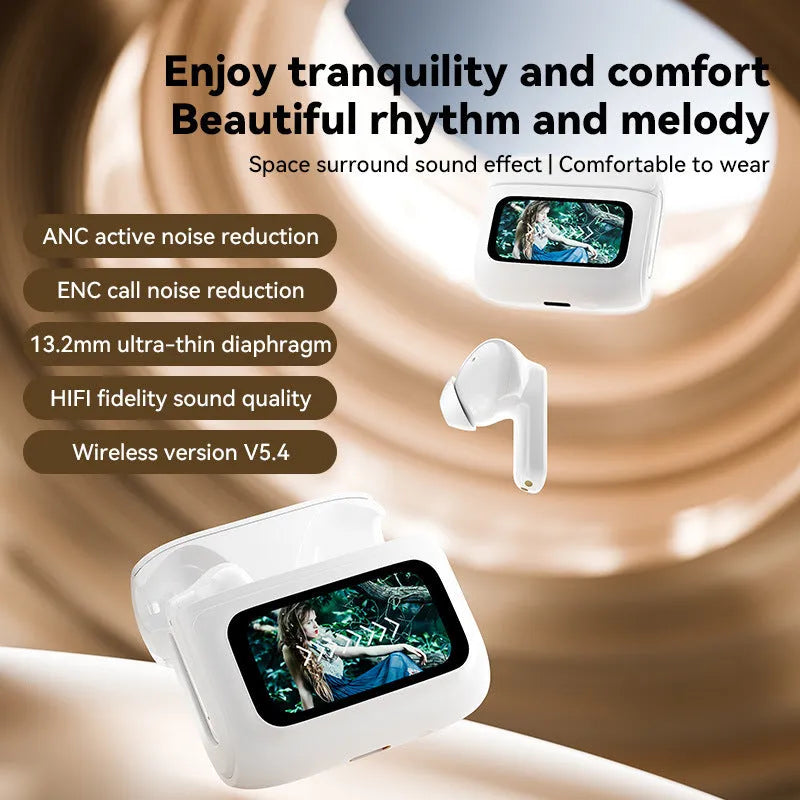 E20PRO touch screen Bluetooth headset with active noise reduction in black, digital display showing battery level