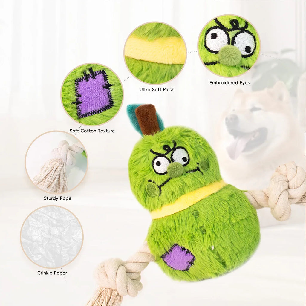 Green plush rope knot dog toy with molar tooth shape for tug-of-war games