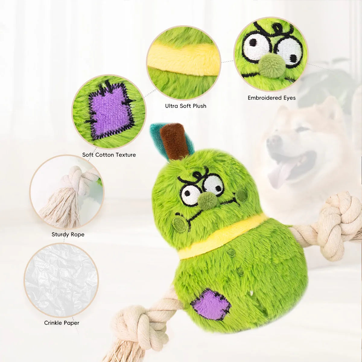 Green plush rope knot dog toy with molar tooth shape for tug-of-war games