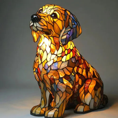 Colourful resin dog lamp decoration in pug shape, button battery powered, on a shelf
