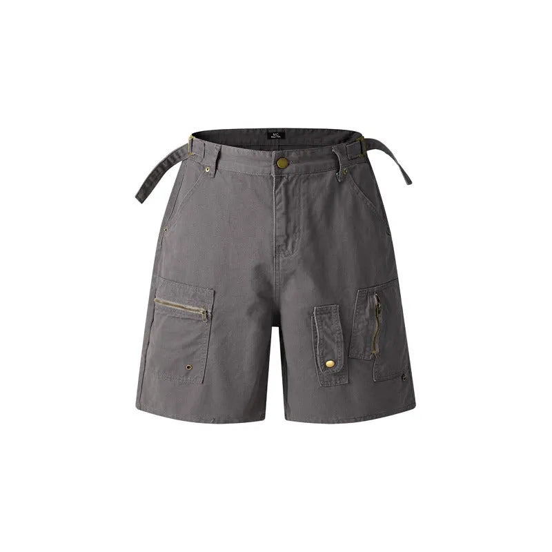 Grey retro-style workwear shorts made from soft washed cotton cloth, featuring a zipper and loose fit.