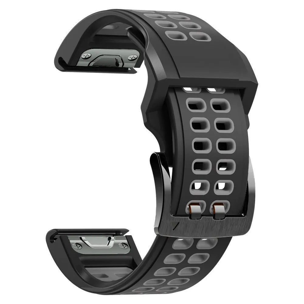 Two-tone quick-release silicone watch strap with pin buckle in black and orange colour