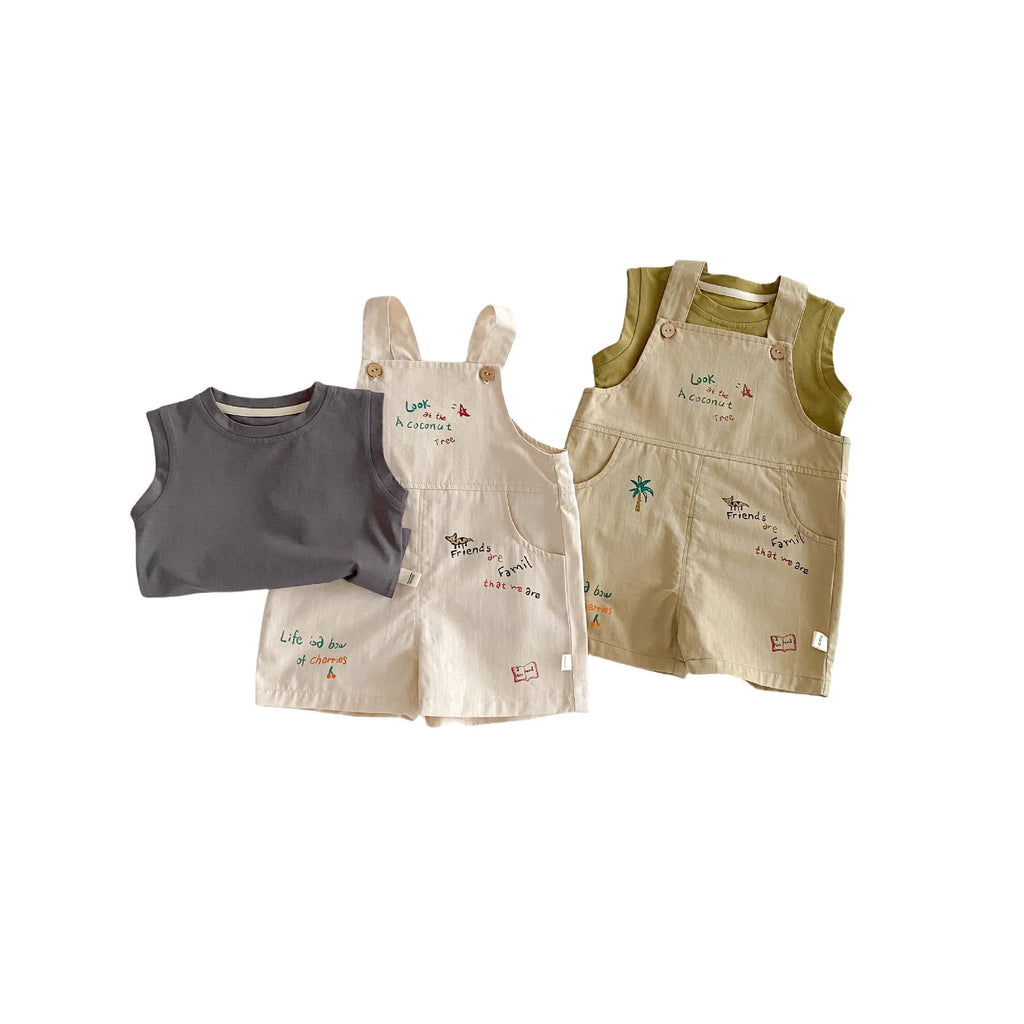 Baby cotton sleeveless t-shirt and suspender pants set in Korean style with cartoon element, available in dark gray avocado green warm apricot khaki green