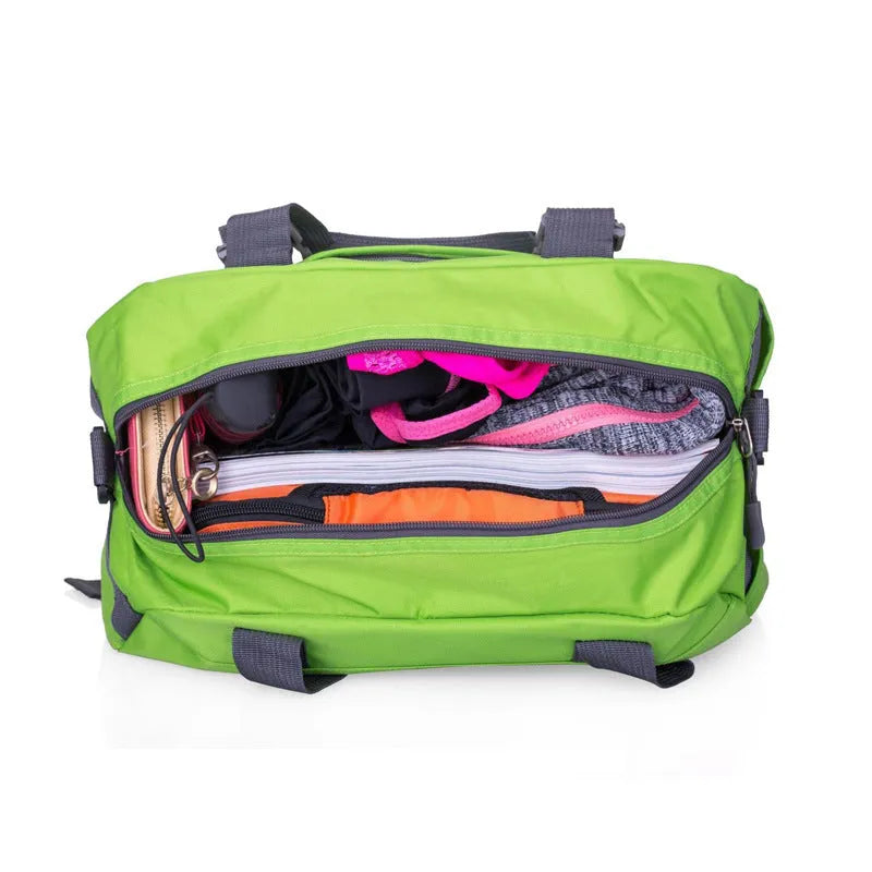 Black nylon yoga gym bag showing medium and large size options next to a yoga mat.