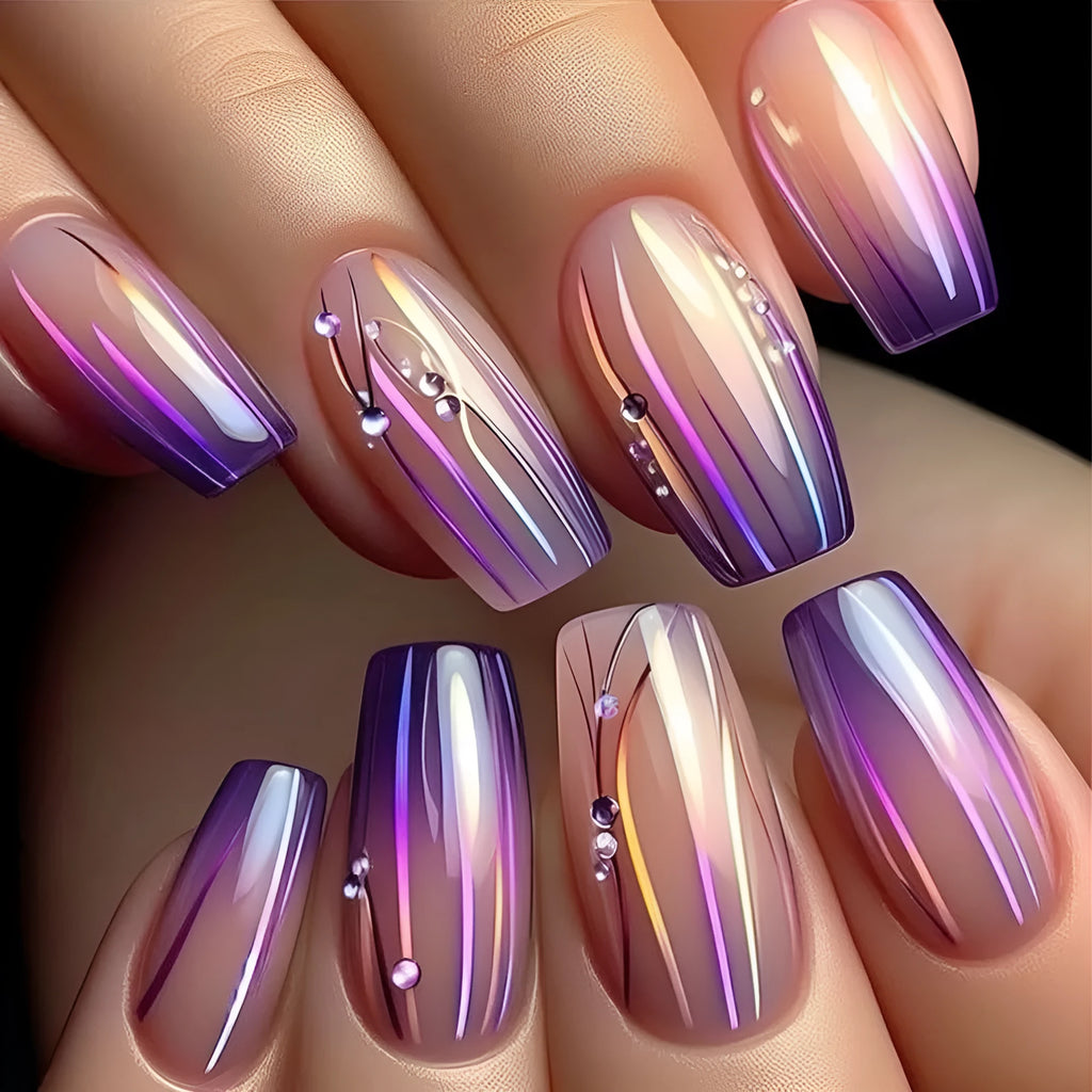 Magic purple gradient nail stickers with starry sky pattern and jelly glue for short ballet nails