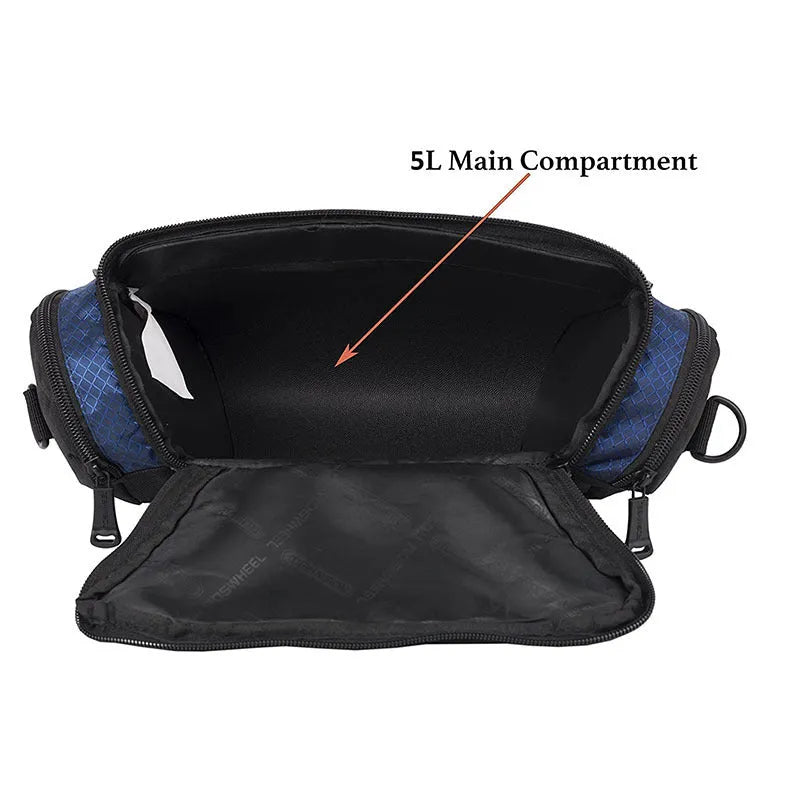 Canvas bicycle handlebar bag in navy blue with 32x11x17cm dimensions for mountain bike use