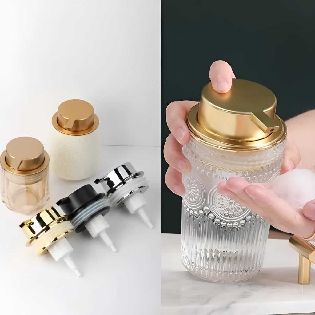 A large-headed foam pump for soap in a metallic gold finish, made from ABS plastic.