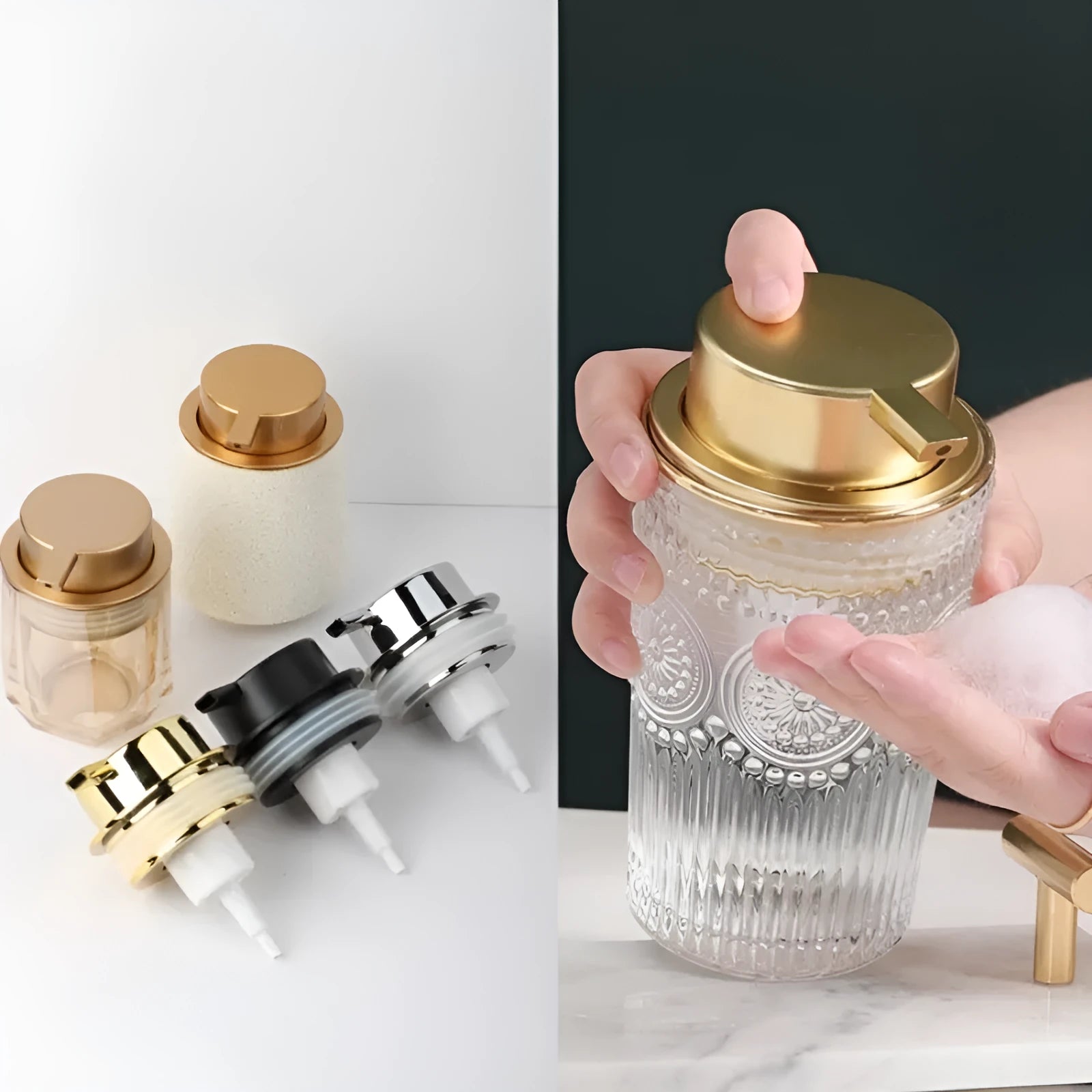 A large-headed foam pump for soap in a metallic gold finish, made from ABS plastic.