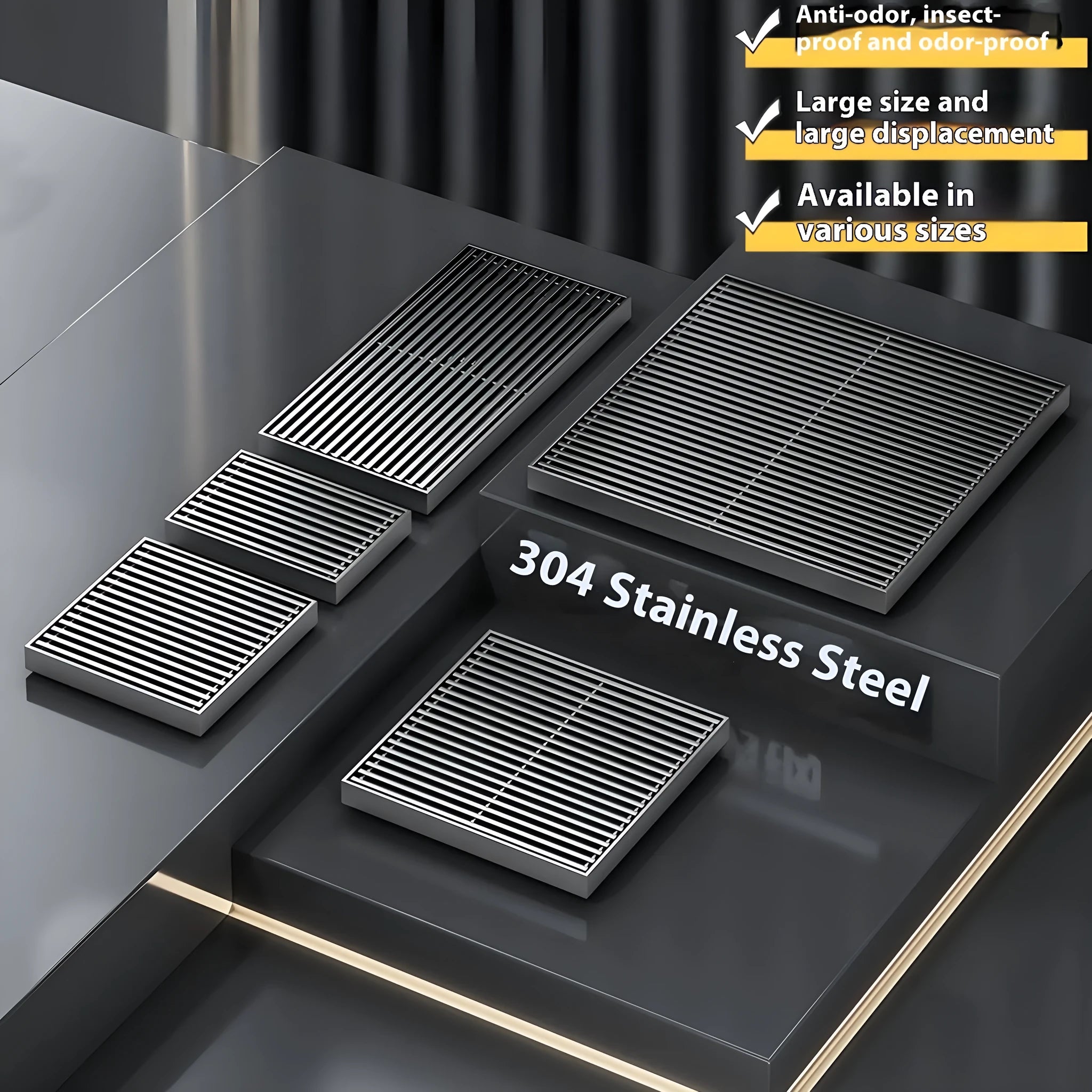 304 stainless steel courtyard floor drain with a 15x15cm gun grey ABS plastic core.