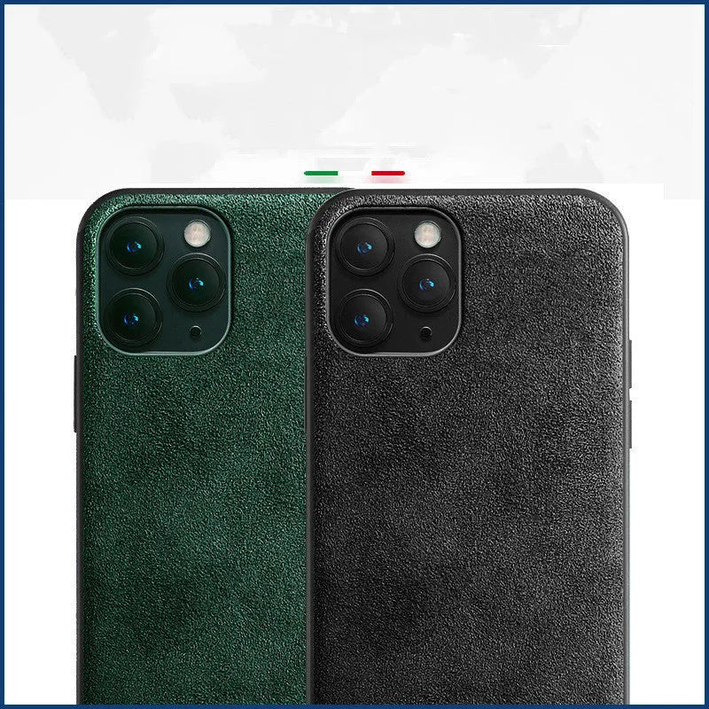 Suede iPhone case in dark blue colour showing textured finish and full-cover back protection design