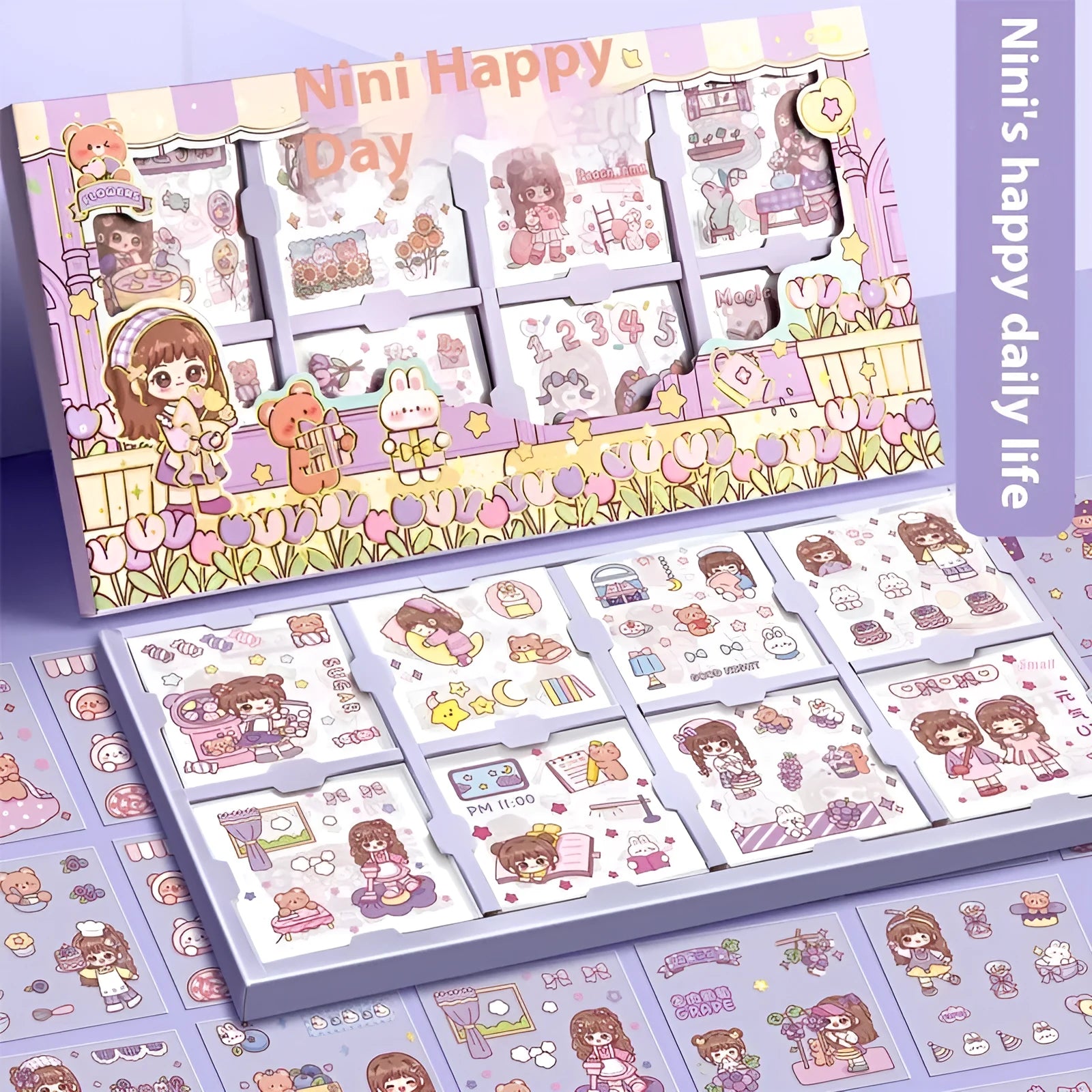 Box of children's repositionable stickers in five decorative themes for creative play