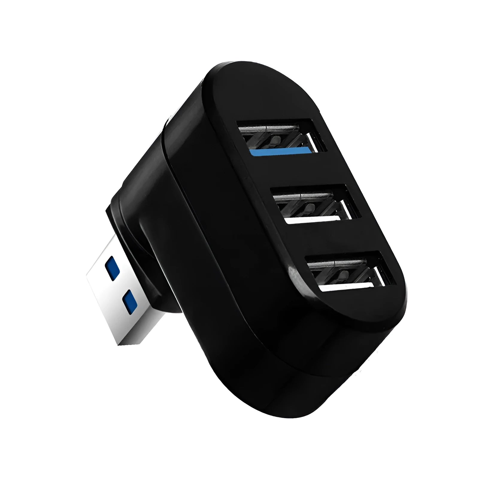 Black and white USB rotary splitter hub with four USB ports showing rotational design