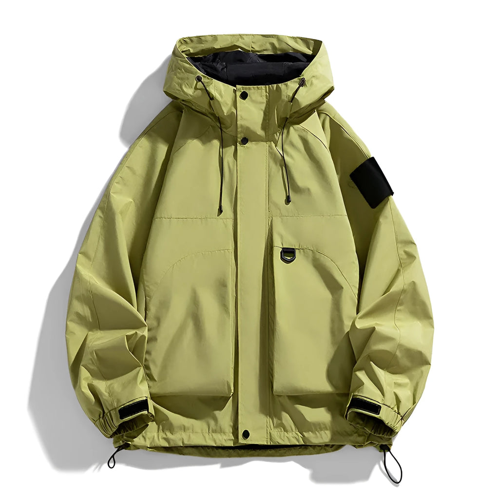 Men's black windproof waterproof hooded jacket, regular length with long sleeves, shown on a model.